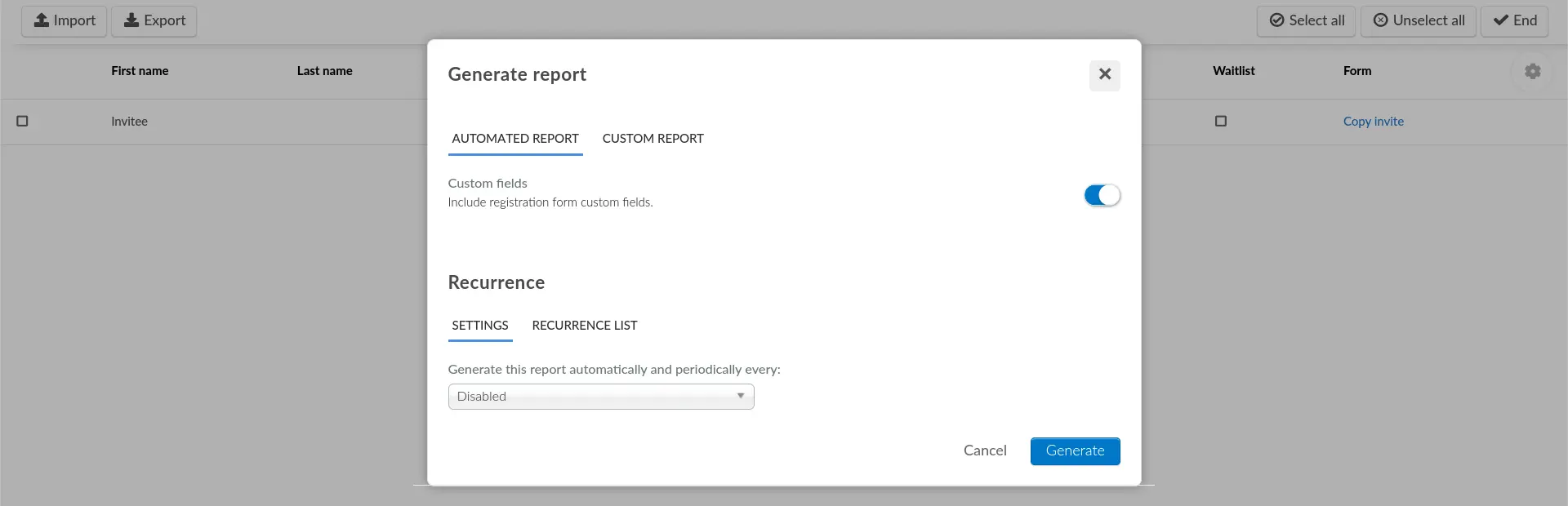 Screenshot showing the Generate report pop-up box