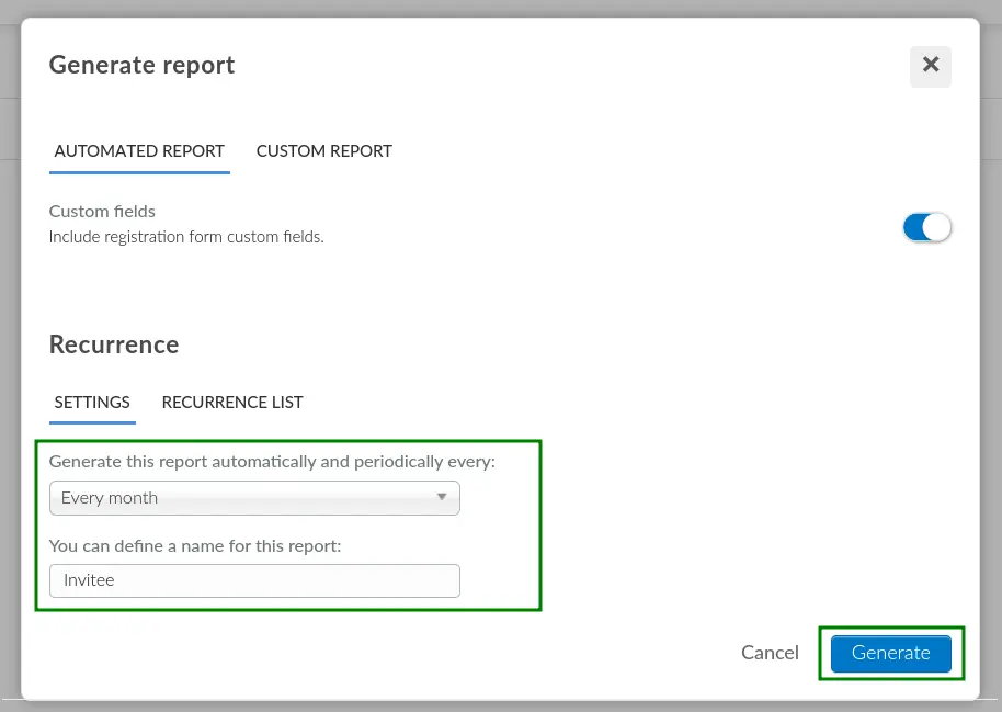 Screenshot showing recurring report creation