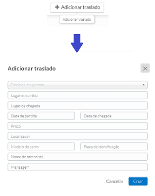 Captura de tela do botão "+Adicionar traslado" e das informações necessárias para sua criação.