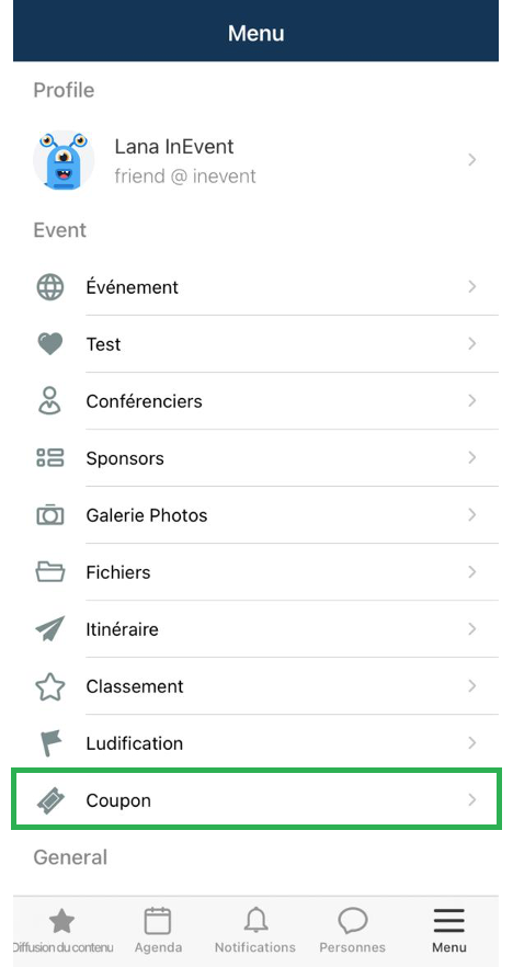 Capture d'écran de la section Coupon sur l'application.