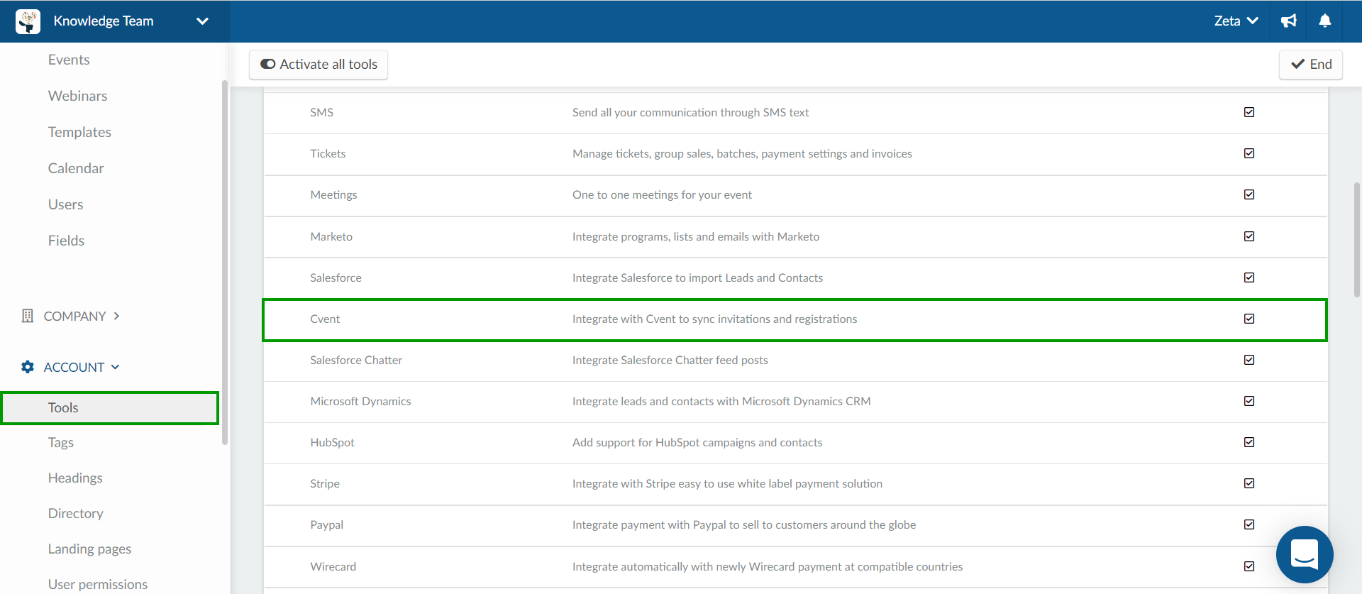 Enabling the Cvent integration at the company level