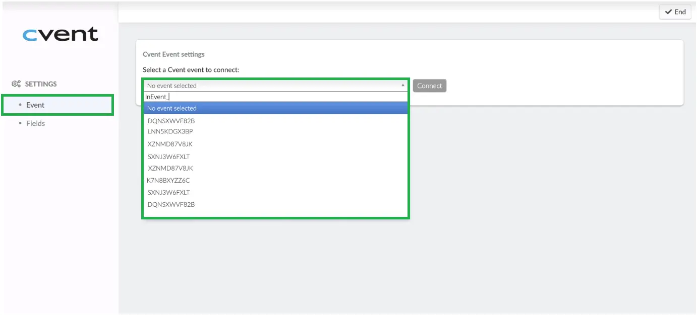 selecting which Cvent event will connect to InEvent