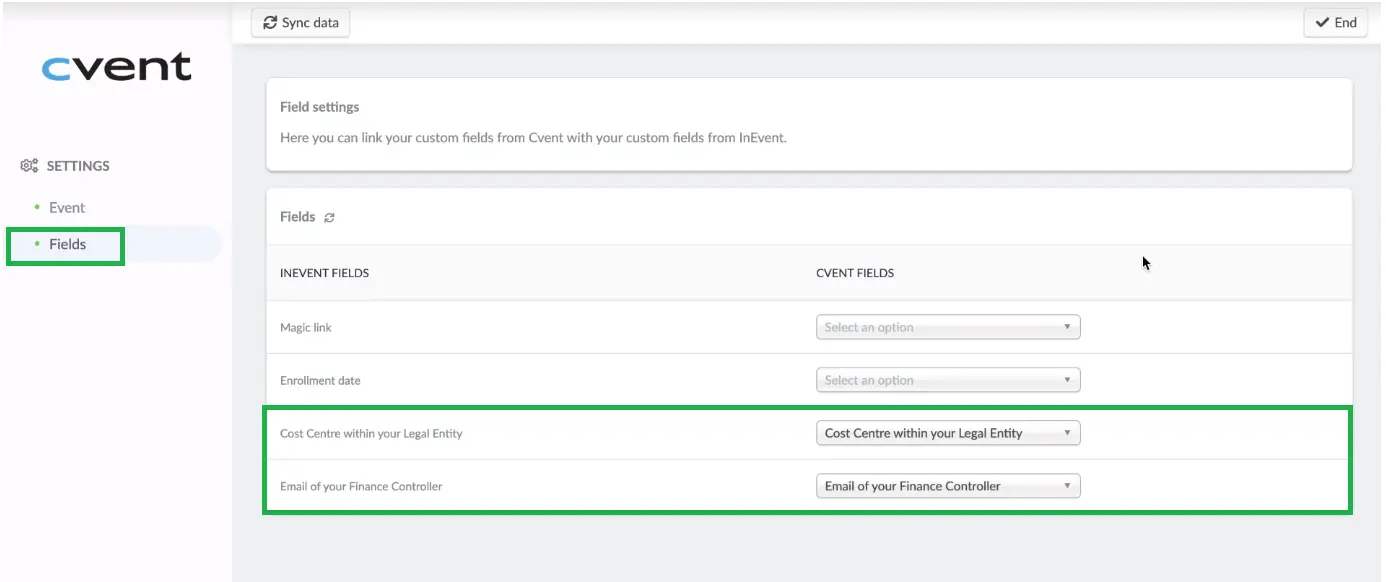 selecting the corresponding field from cvent to synch