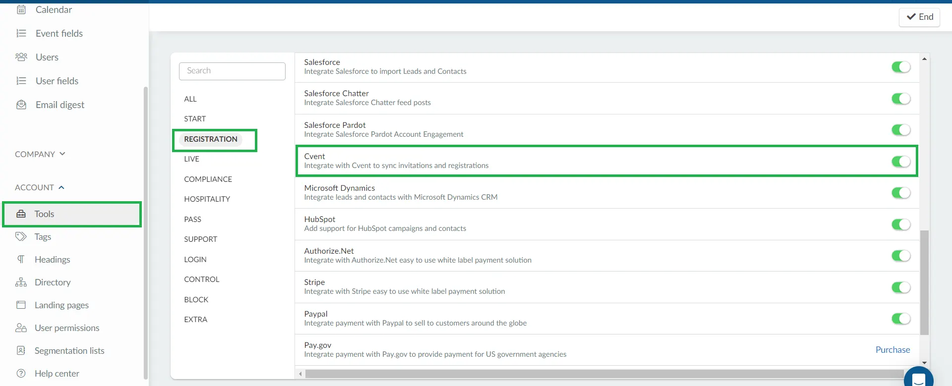 Enabling the Cvent integration at the company level