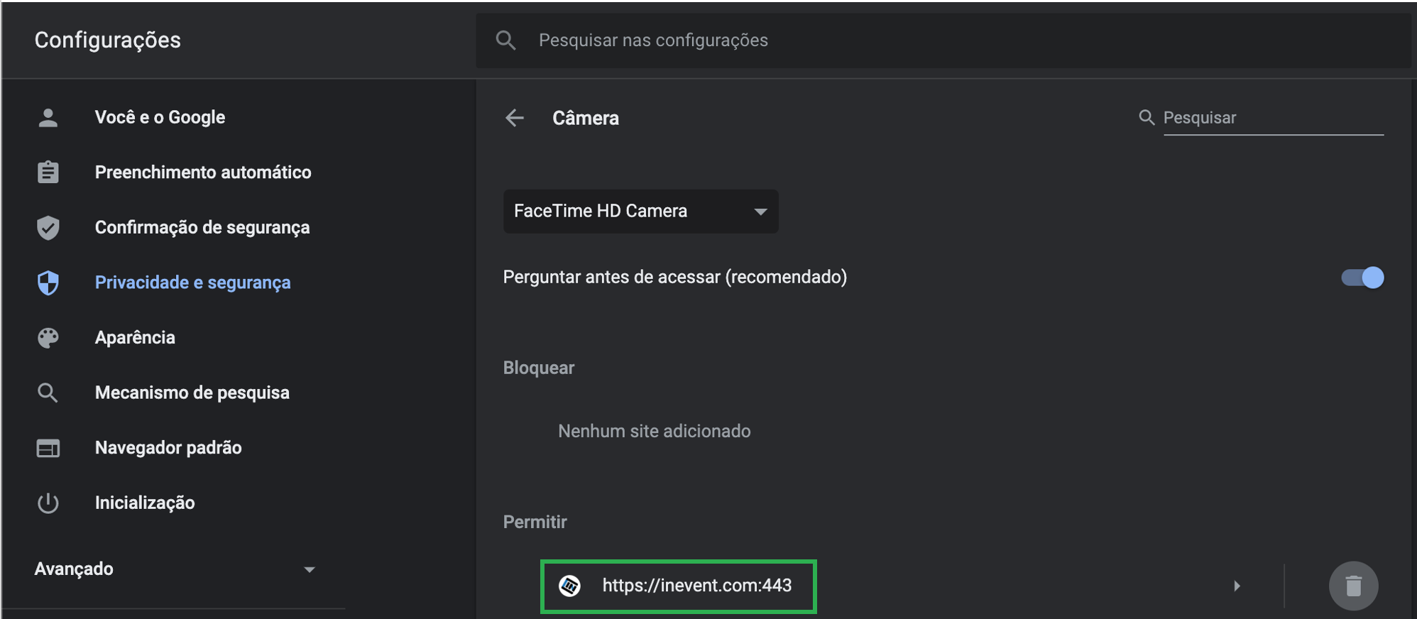 Permissões concedidas ao site inevent.com