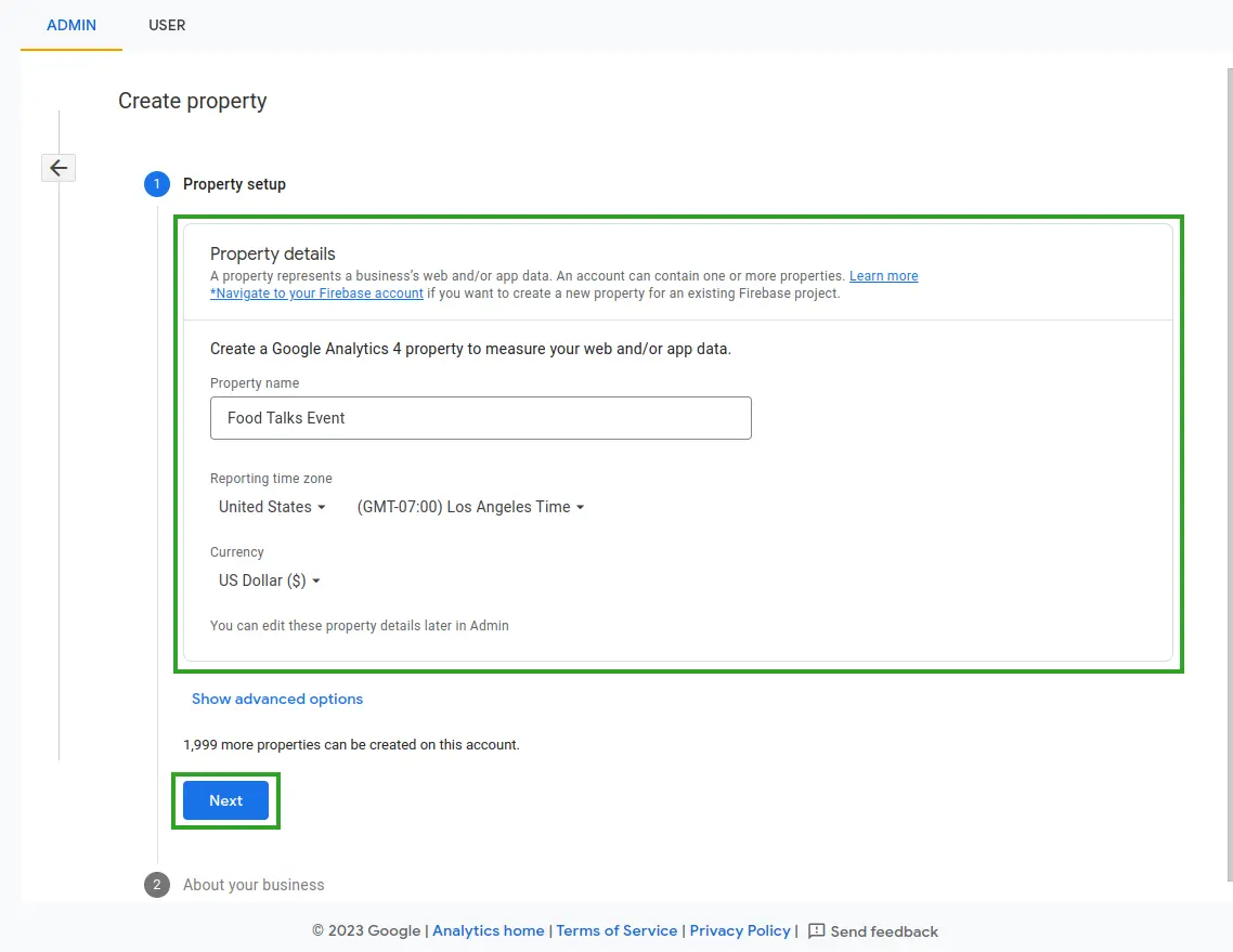 Screenshot showing the Property setup interface.