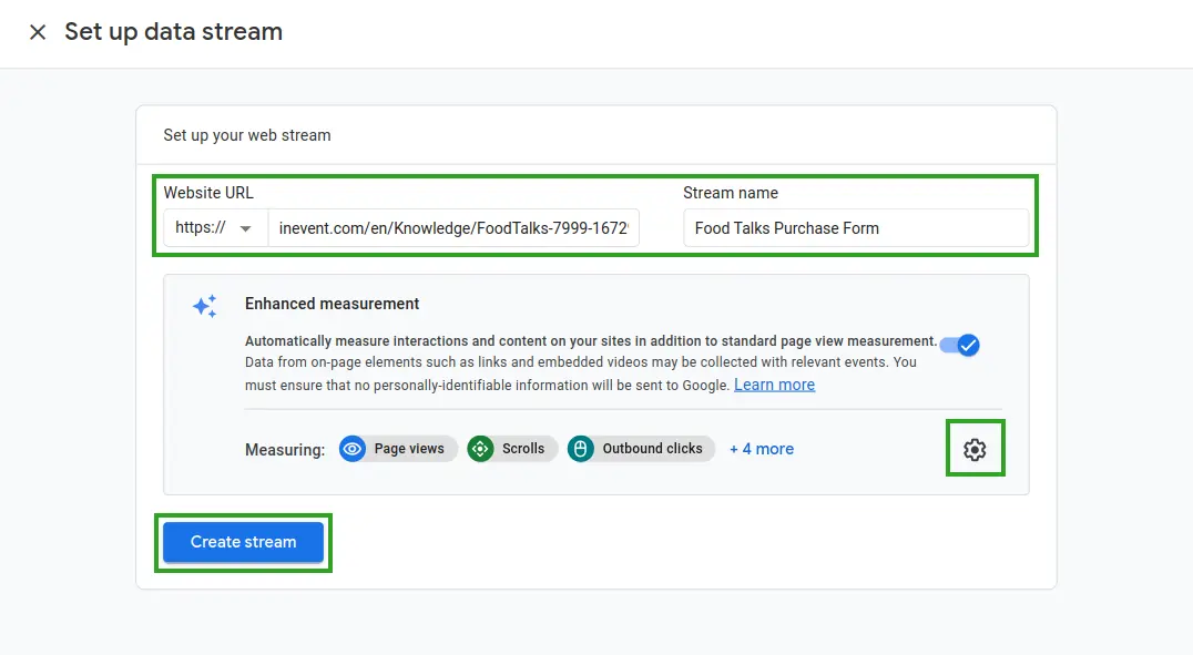 Screenshot showing the Set up data stream panel.