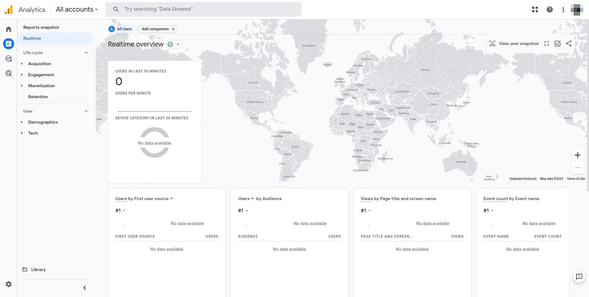 Screenshot showing the Google Analytics Realtime interface.