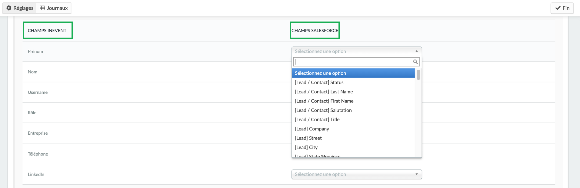 lier les champs de salesforce avec ceux d'inevent
