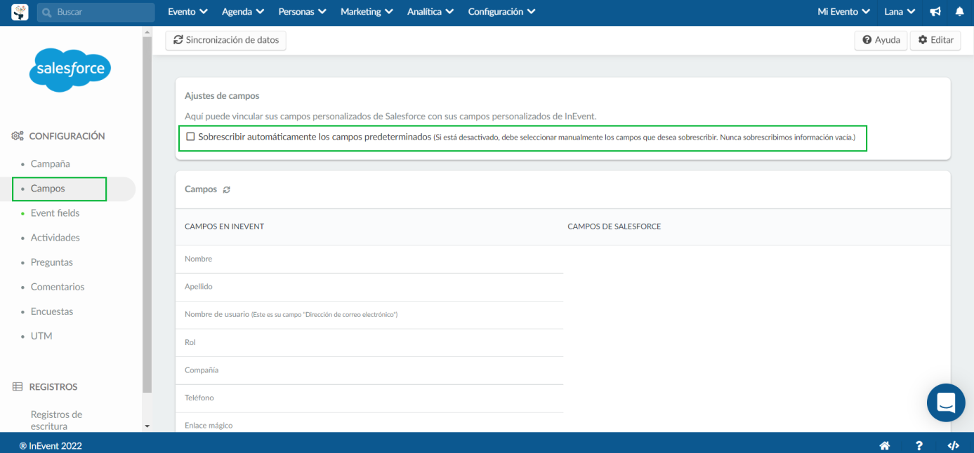 Vinculación de campos personalizados de Salesforce con campos personalizados de InEvent