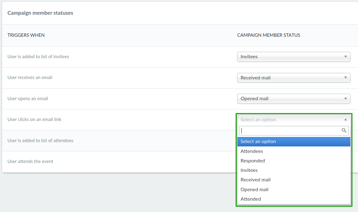 Screenshot showing the interface of linking Salesforce Campaign Member Status with sync triggers.