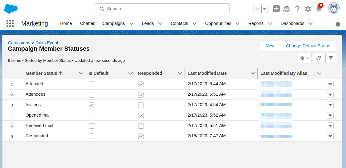 Screenshot showing an example of Campaign Member Statuses in the Salesforce platform.