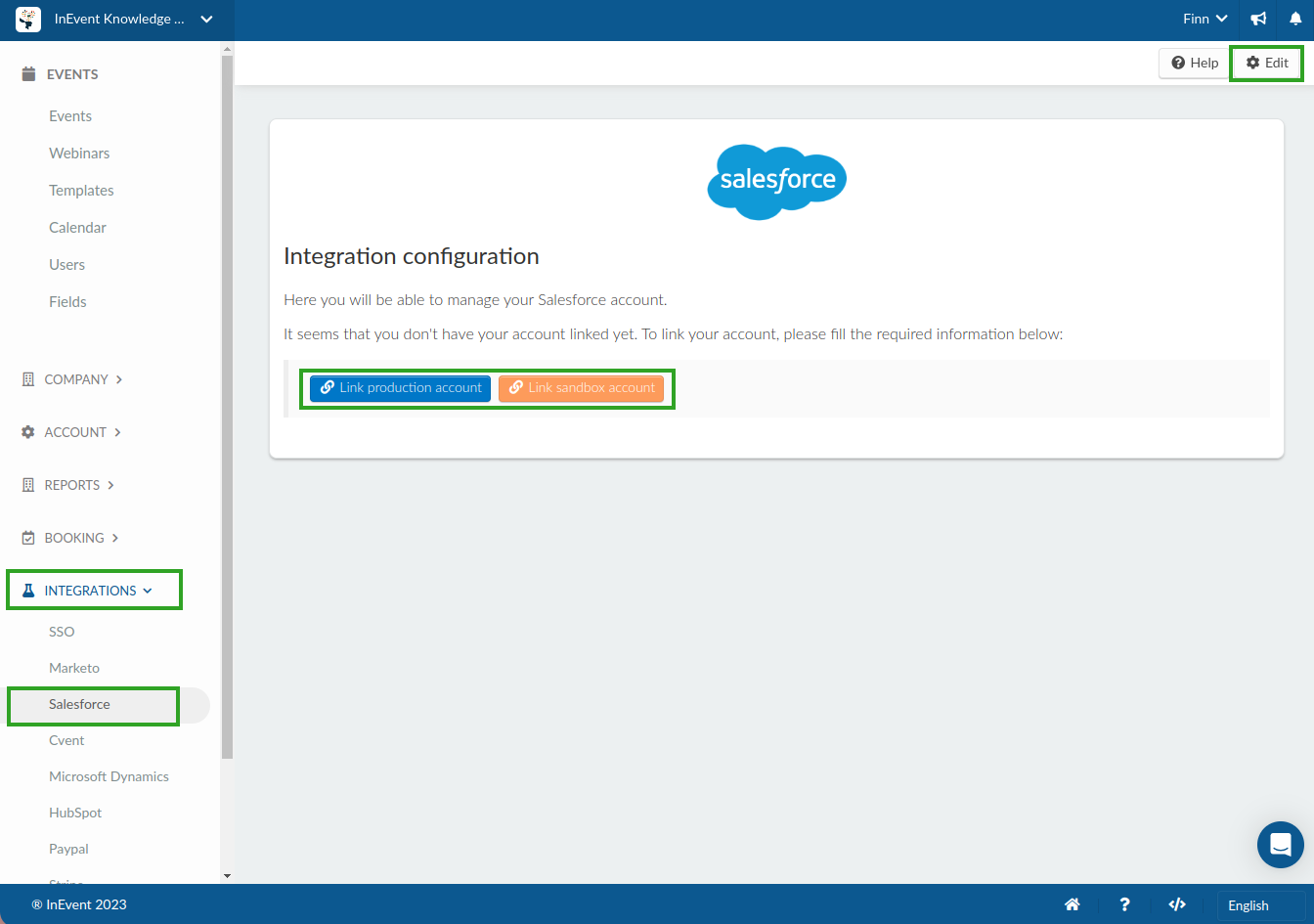 Screenshot showing the InEvent Salesforce integration interface