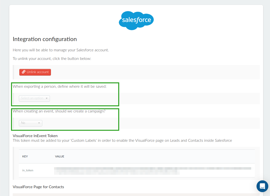 Screenshot showing the InEvent Salesforce integration interface after linking accounts