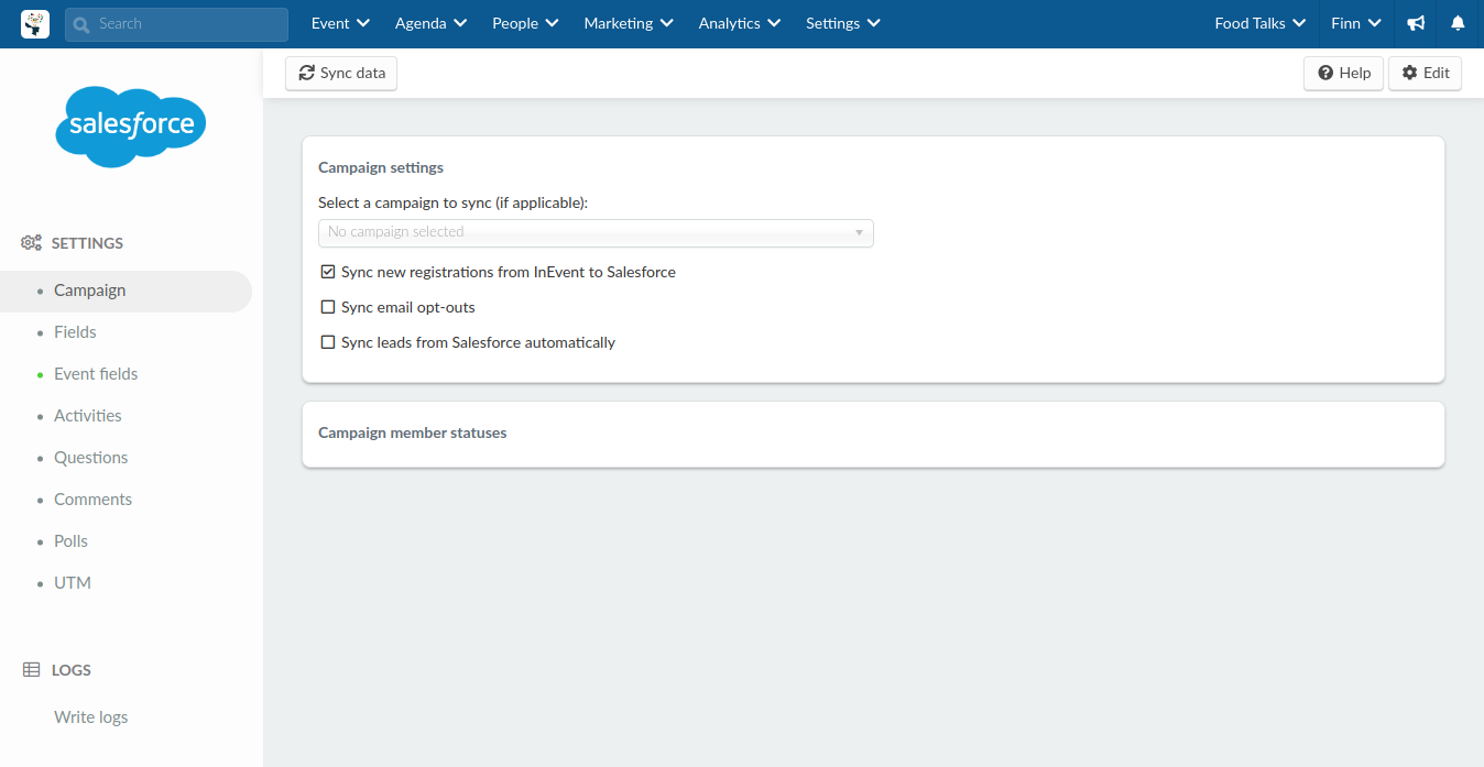 Screenshot of the Salesforce integration configuration interface at the Event level