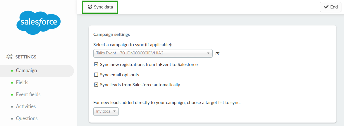 Screenshot showing the 'Sync data' button on the Campaign settings interface