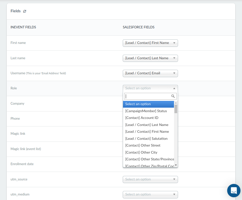 Screenshot showing the InEvent & Salesforce fields configuration interface