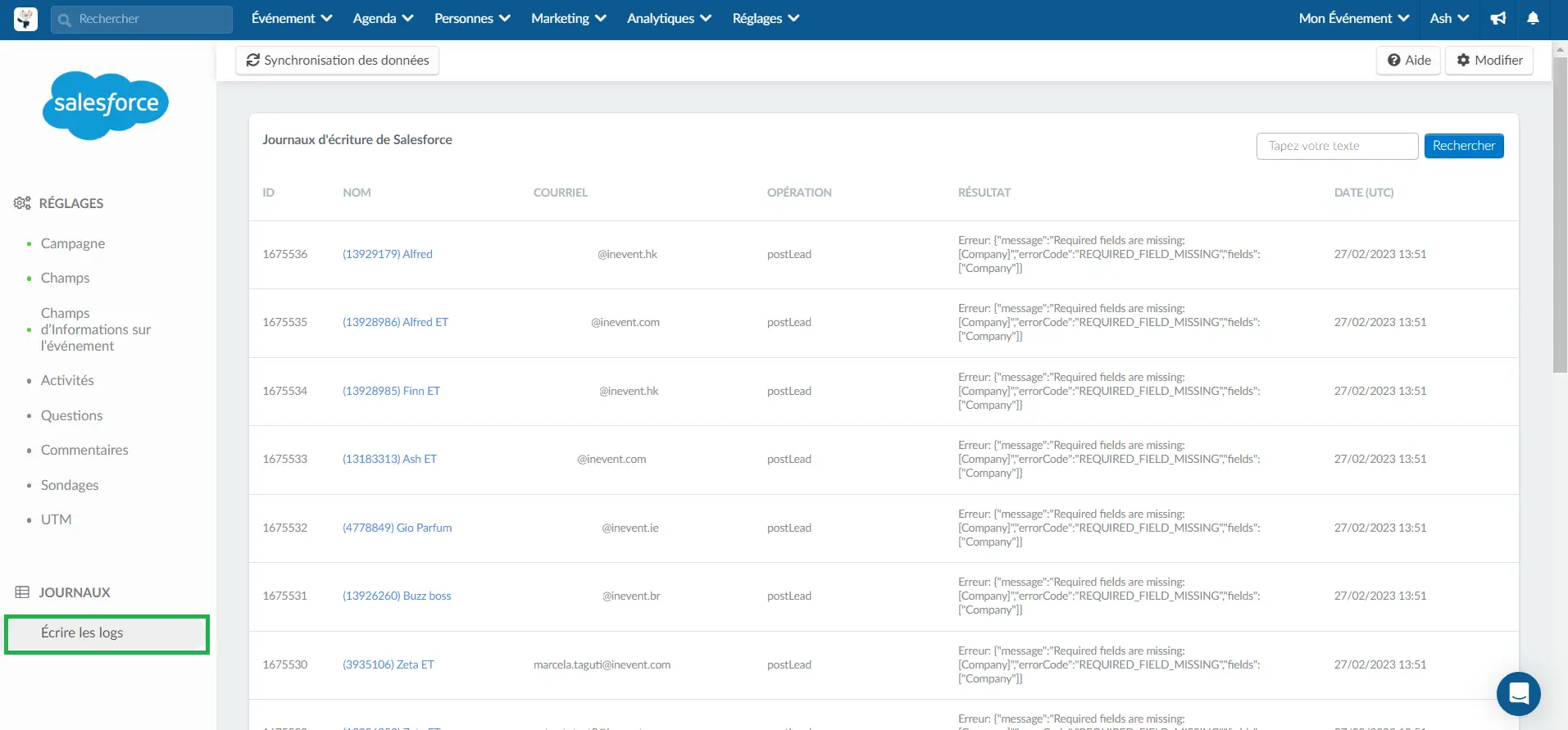 Ecrire les logs de Salesforce