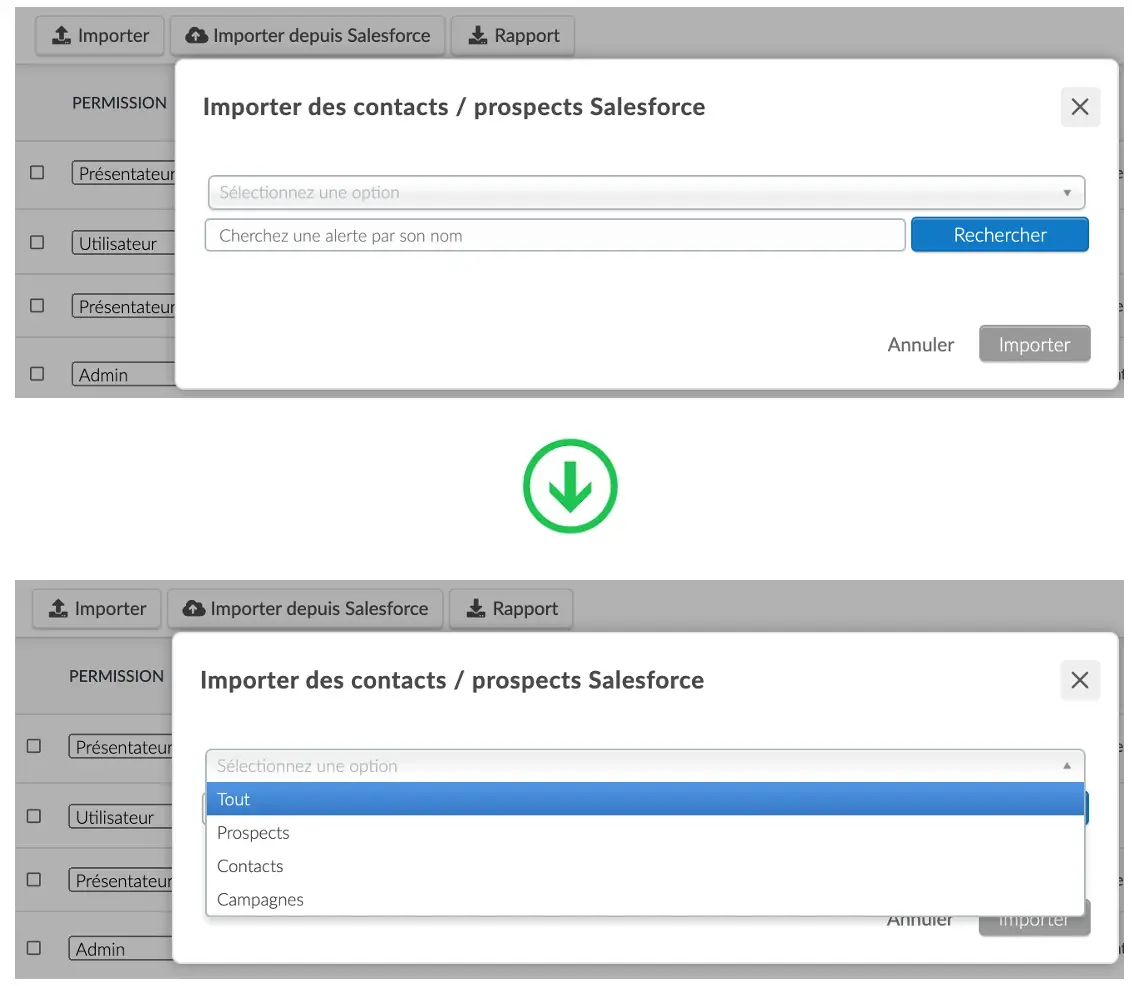 Image montrant les quatre options d'importation de Salesforce