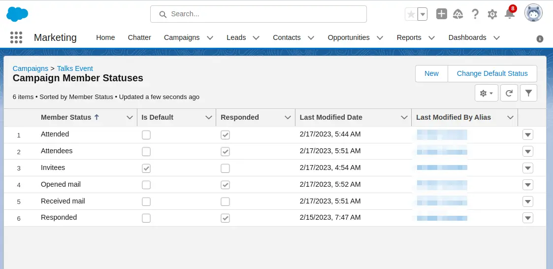 Capture d'écran montrant un exemple de statuts de membre de campagne dans la plateforme Salesforce.