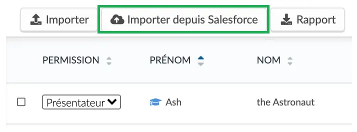 Capture d'écran montrant le bouton Importer depuis Salesforce dans Personnes > Participants