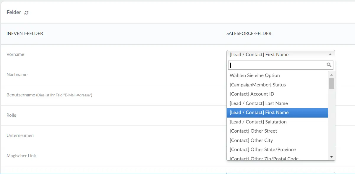 InEvent erkennt Ihre Salesforce-Felder, einschließlich benutzerdefinierter Felder.