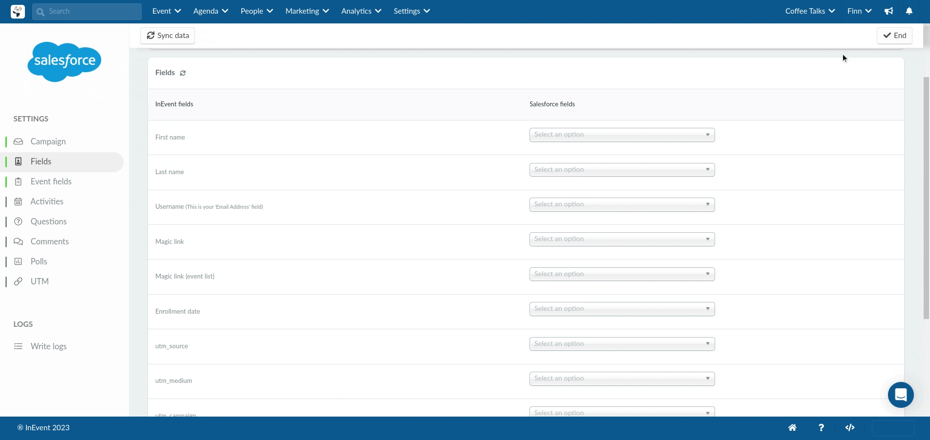 GIF showing how to link InEvent fields with Salesforce fields and showing available Salesforce fields.