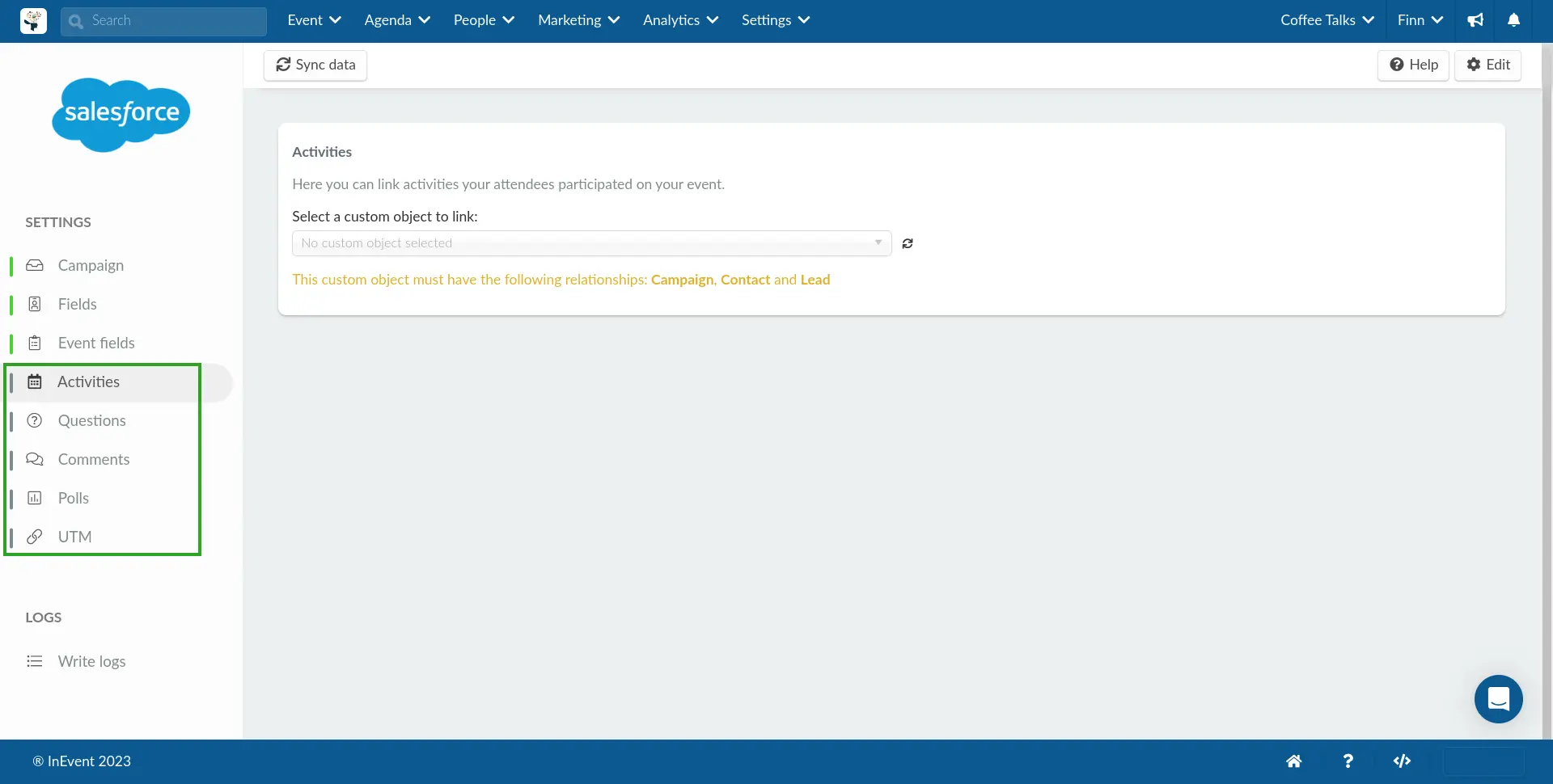 Screenshot showing the Activities, Questions, Comments, Polls, and UTM sections in the Salesforce integration interface.