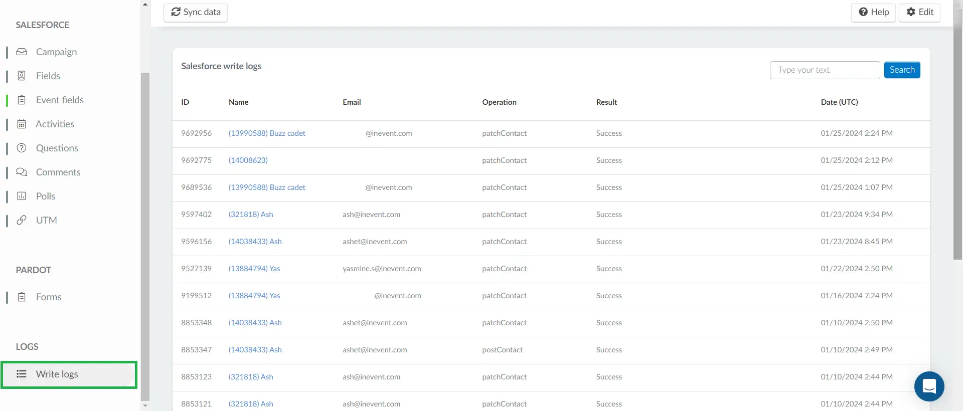 Screenshot showing the Salesforce write logs.