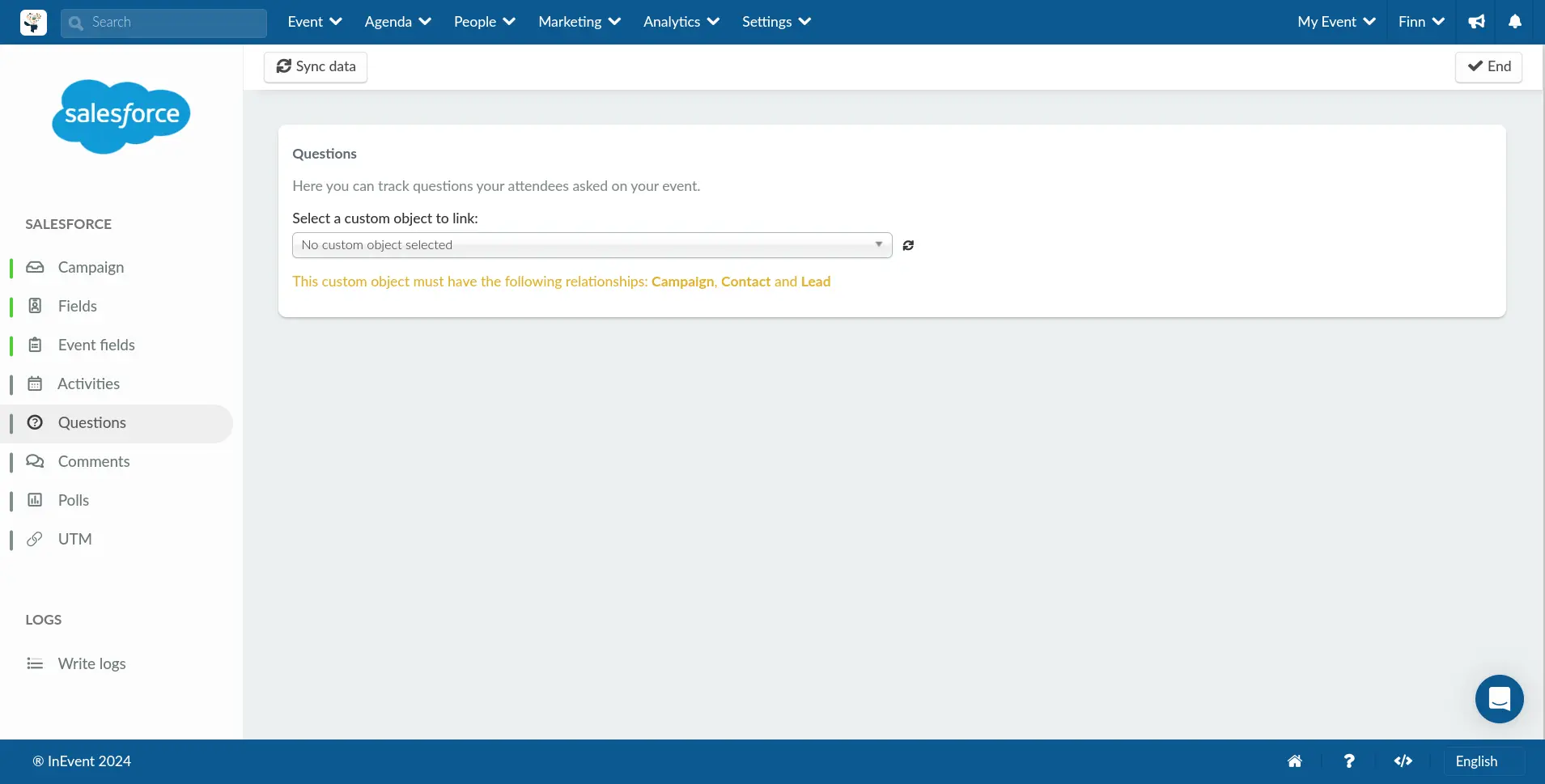 Screenshot showing the Activities, Questions, Comments, Polls, and UTM sections in the Salesforce integration interface.