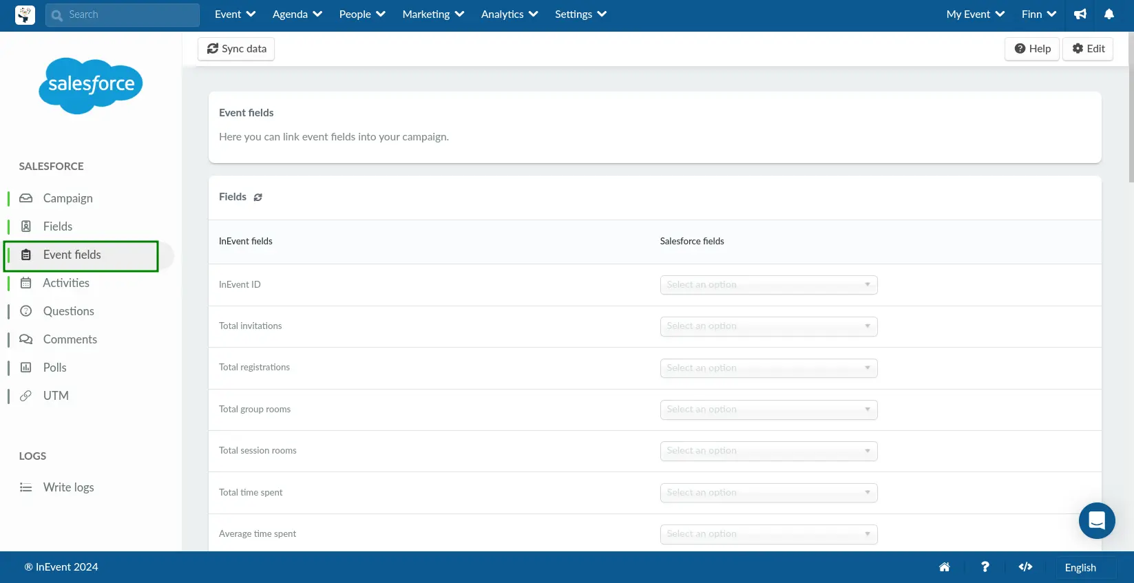 Screenshot showing the Event fields section of the Salesforce integration page.