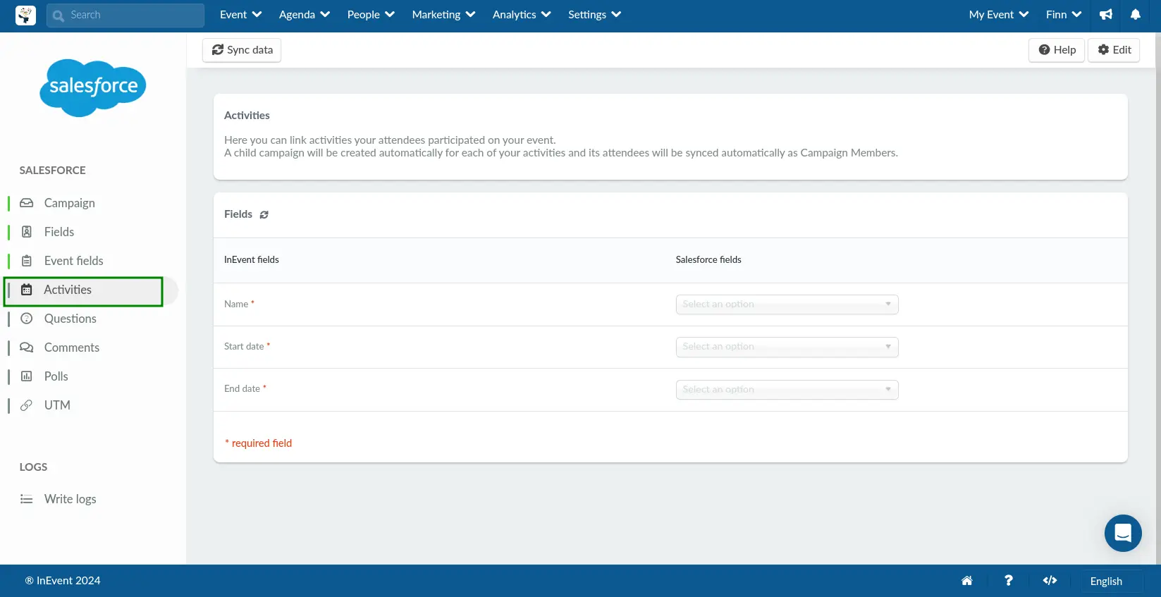 Screenshot showing the Activities tab in InEvent's Salesforce integration page.