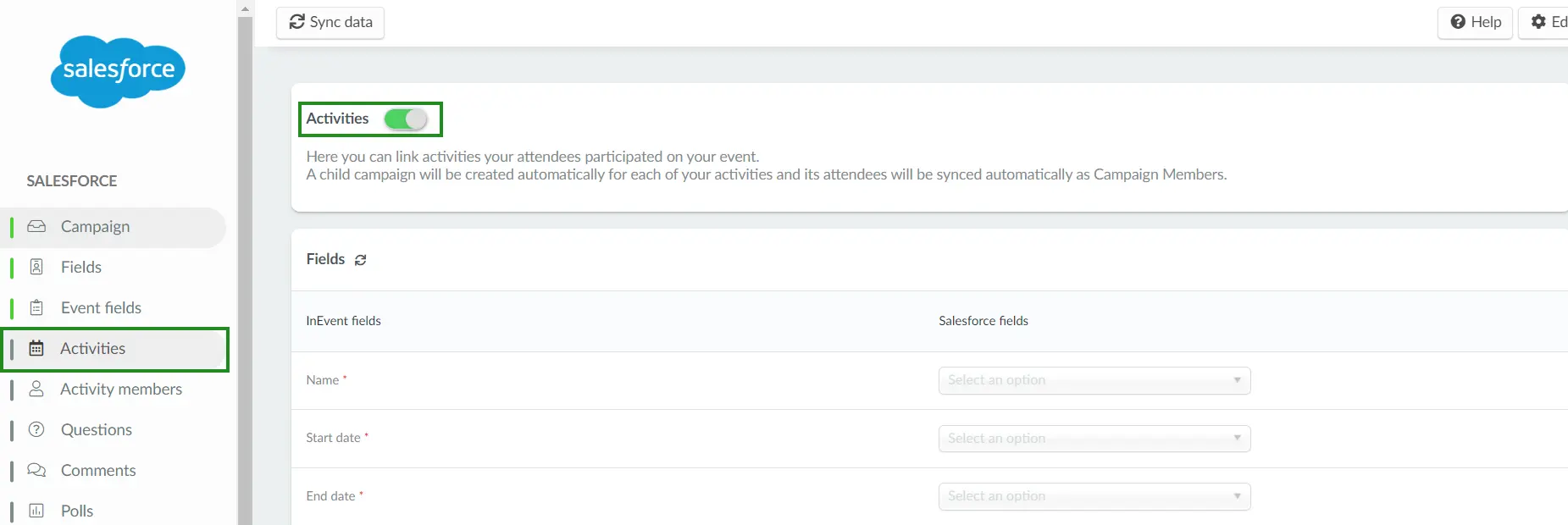 Screenshot showing the Activities tab in InEvent's Salesforce integration page.