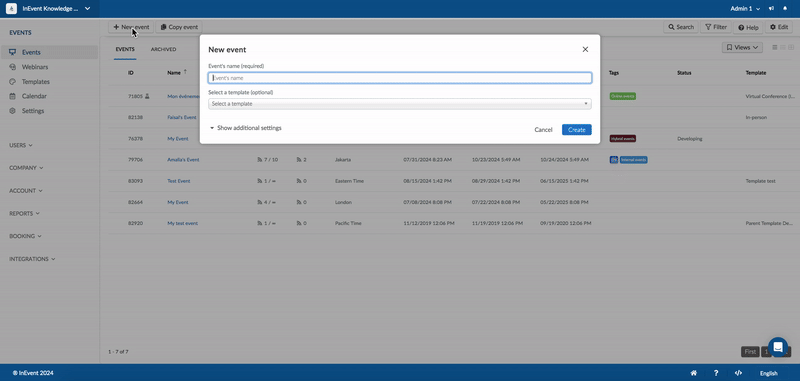 Gif showing how to create a new event using the created template which contains the customized SF configuration