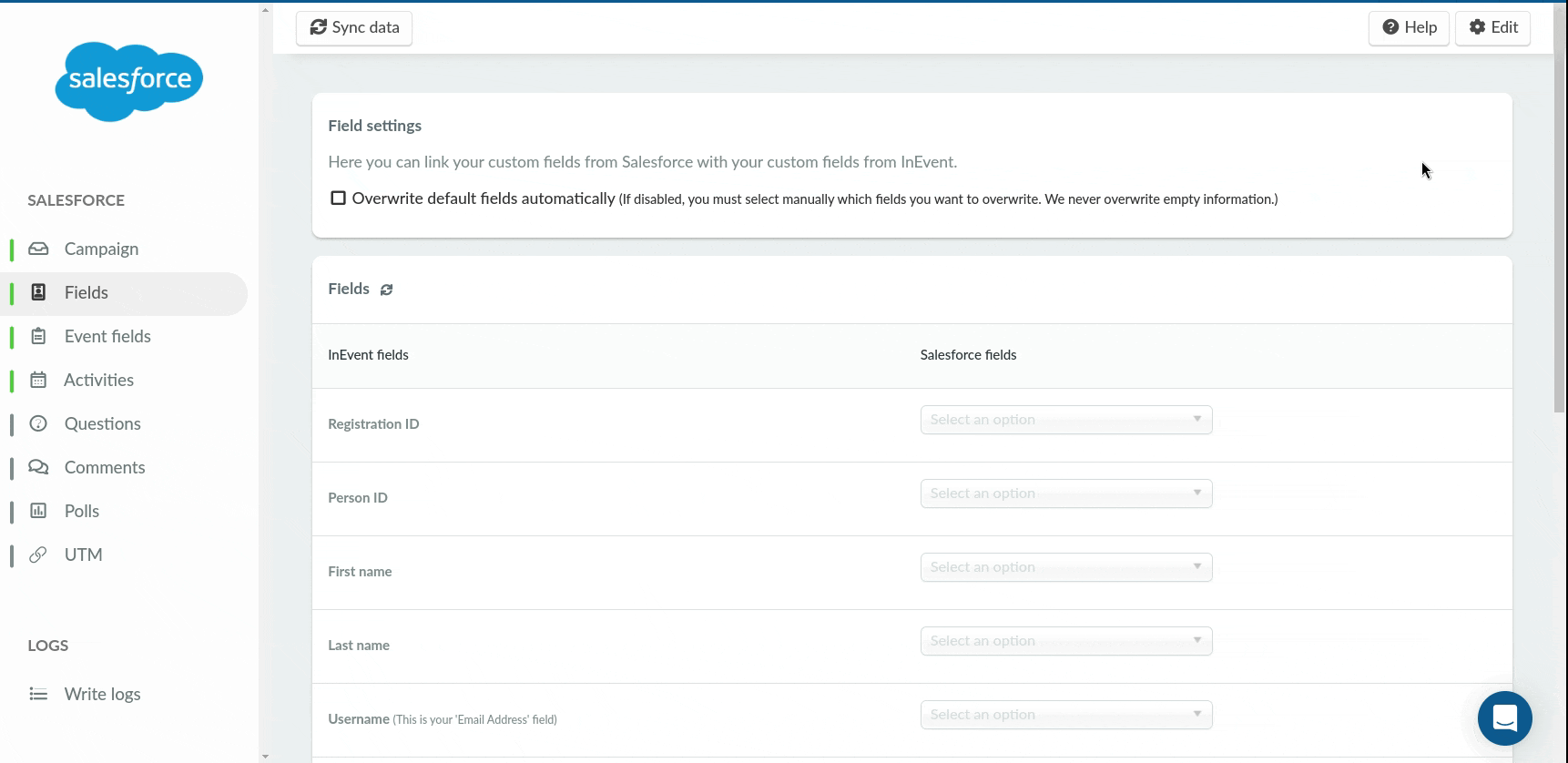 GIF showing how to link InEvent fields with Salesforce fields and showing available Salesforce fields.