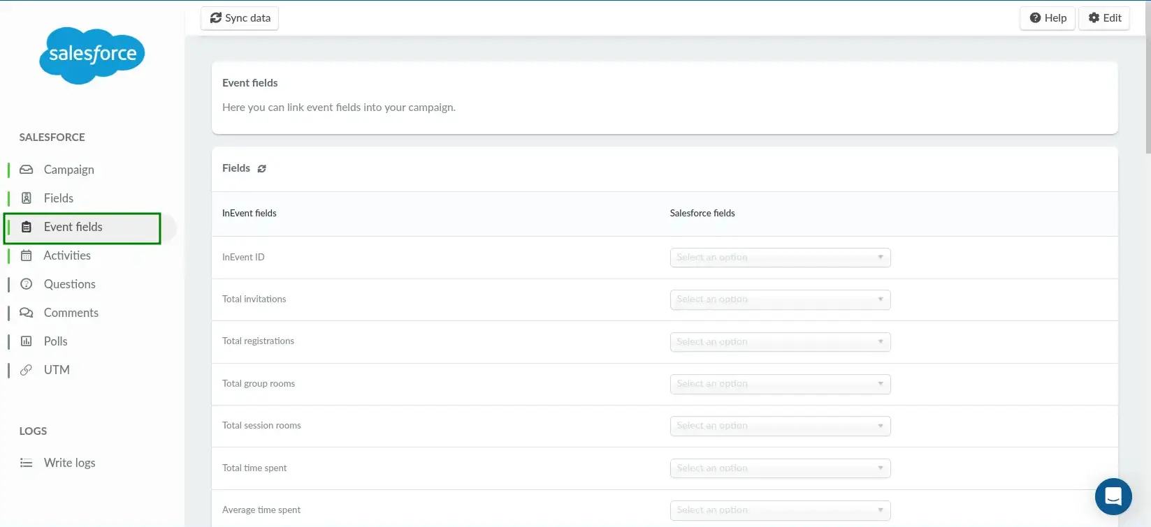 Screenshot showing the Event fields section of the Salesforce integration page.