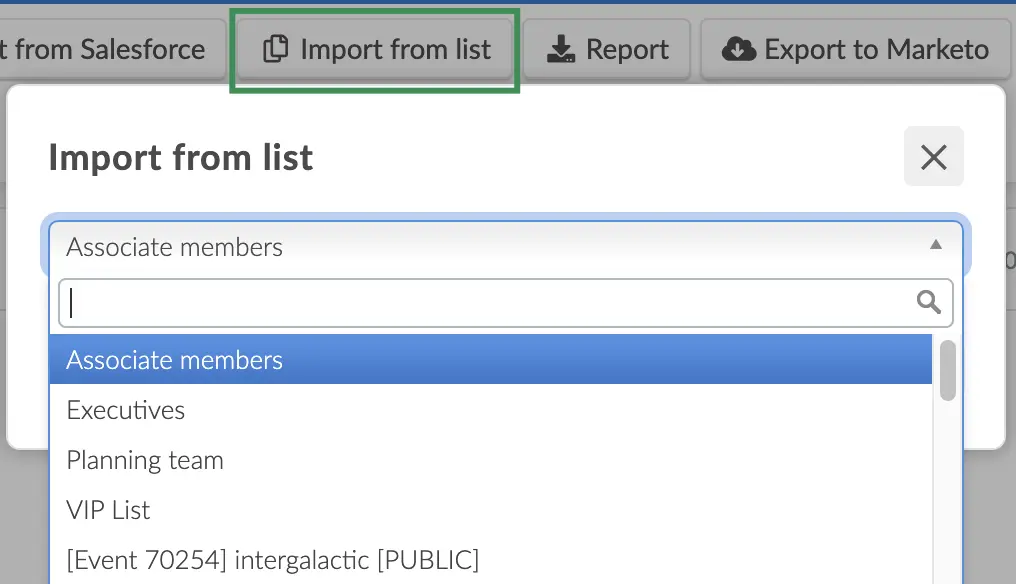 A picture showing the import from list dropdown