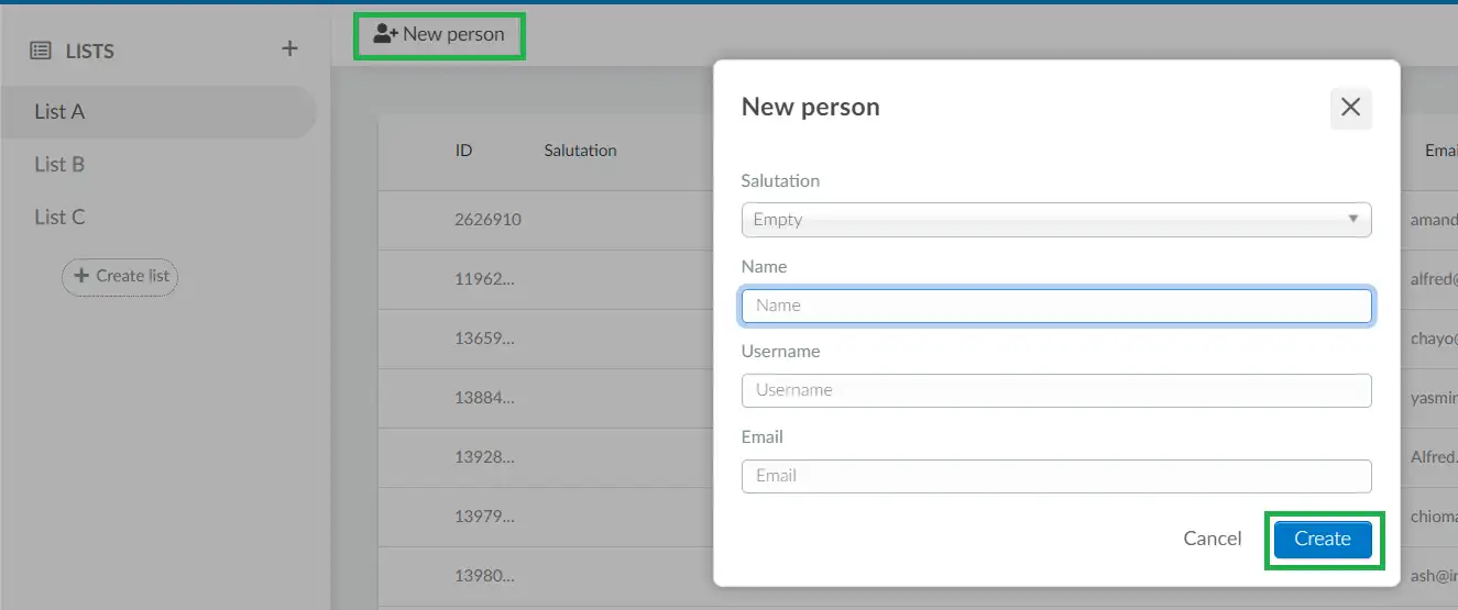 Screenshot of steps to add a new person to a list