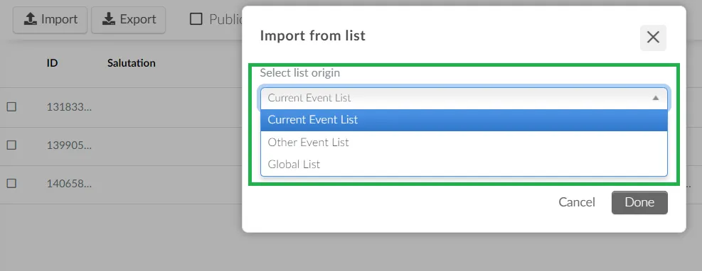 A picture showing the import from list dropdown