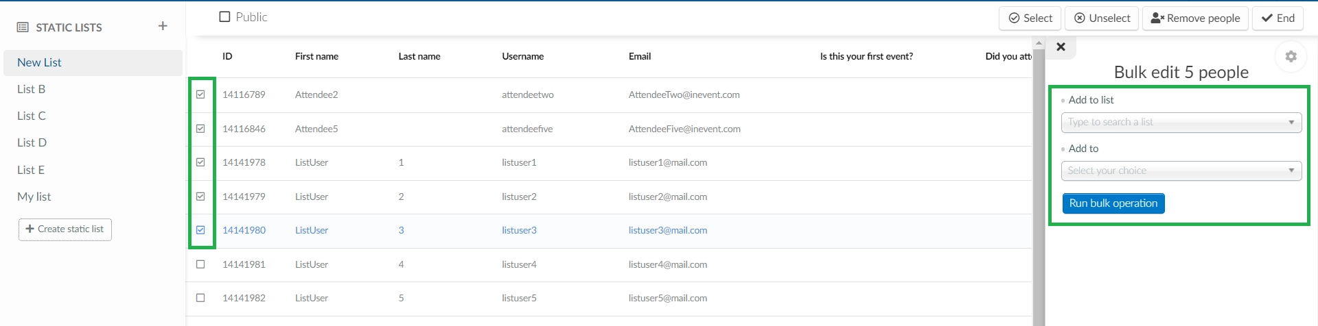 Screenshot os the steps to run a list bulk operation