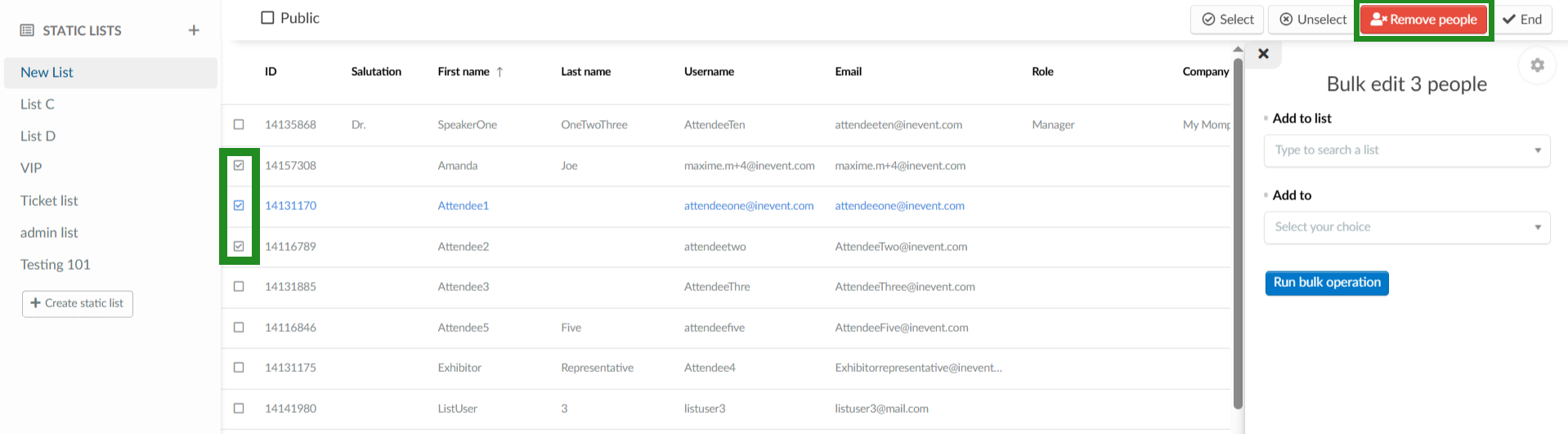 Removing people from a static list