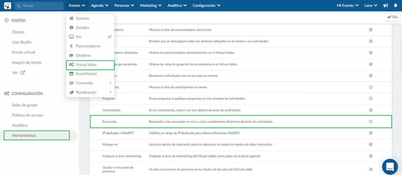 ¿Cómo elimino la pestaña de encuestas de todas las salas del Virtual Lobby?