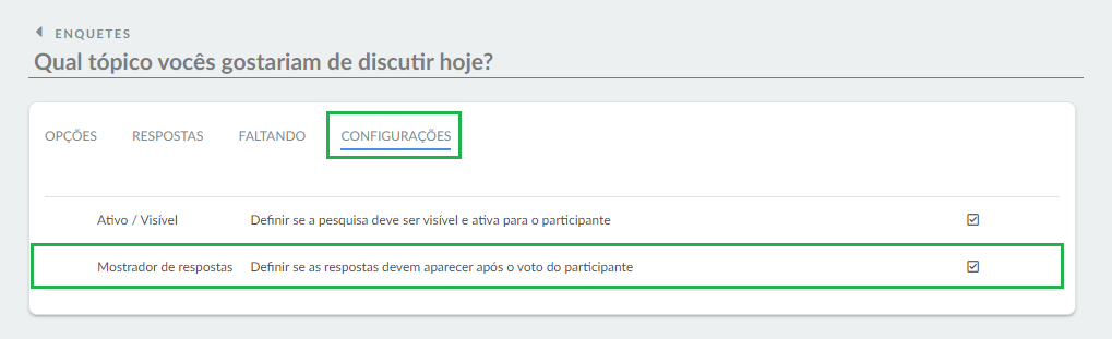 configuracao respostas enquete
