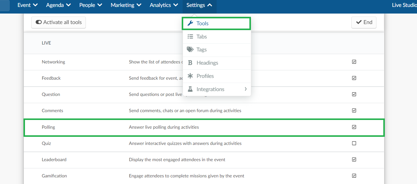 screenshot showing how to enable Polling at the event level