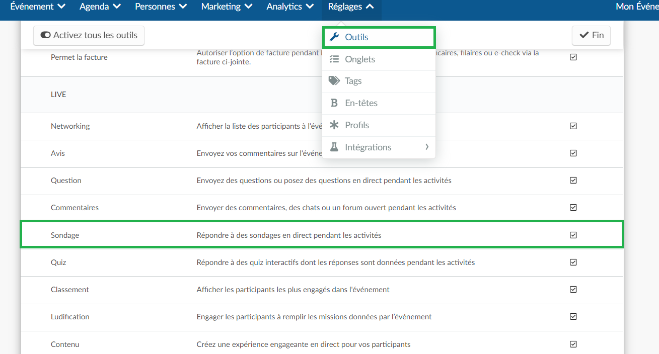 capture d'écran montrant comment activer les sondages au niveau de l'événement