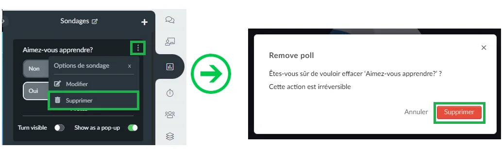 Capture d'écran montrant comment supprimer un sondage dans le Virtual Lobby