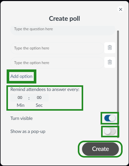 Image showing edit screen of poll creation inside a session in the virtual lobby.