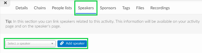 Speakers Tab on Agenda > Activities