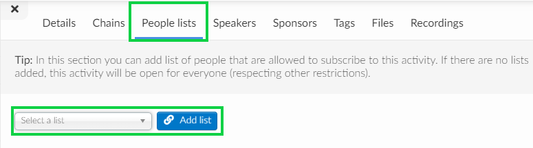 People Lists tab on Agenda > Activities