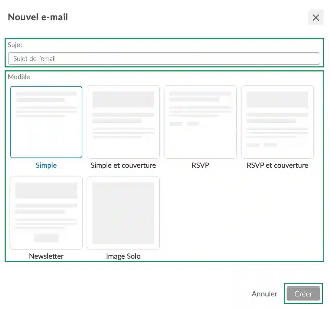 Où écrire le sujet de l'email et comment choisir le modèle lors de la création d'un email